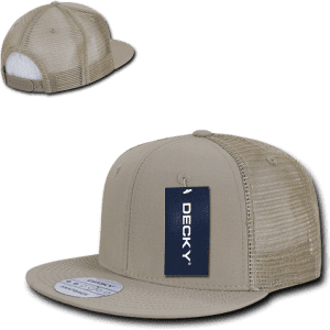 A high-profile structured trucker cap in tan with a mesh back and a logo tag.