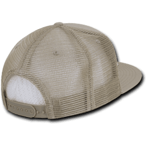 A beige structured trucker cap featuring a mesh back and adjustable snap closure. It has a logo on the side.