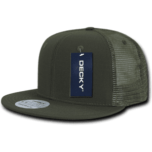 A high-profile structured trucker cap in olive green with a mesh back and a logo tag.