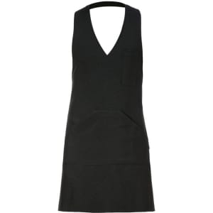 A black apron with a deep V-neck and a pocket at the front, designed for workwear.