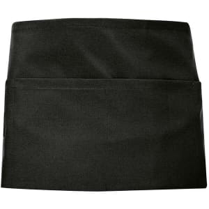 A black waist apron with two front pockets and a simple design, featuring a logo.