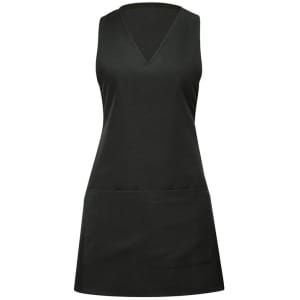 A black apron/pinafore with a V-neck design and a front pocket, featuring a simple and sleek silhouette.