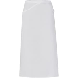 A white apron with a wrap design, featuring a button and a logo. Suitable for various work settings.