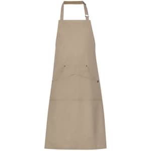 A beige apron featuring a central pocket and a neck strap, designed for workwear use. It includes a logo.