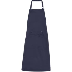 A navy blue apron featuring a front pocket and a neck strap, with a logo on the fabric.