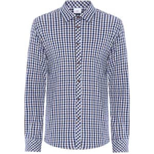 A button-up shirt in blue and white check pattern with a collar and long sleeves. It features a logo on the label.