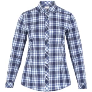 A button-up shirt featuring a blue and white plaid pattern with long sleeves and a collar.