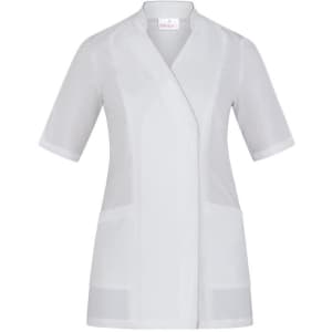A white tunic with short sleeves and two side pockets, featuring a logo on the label.