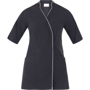 A dark grey tunic with short sleeves, featuring a wrap design and contrasting piping. It includes two front pockets and a logo.