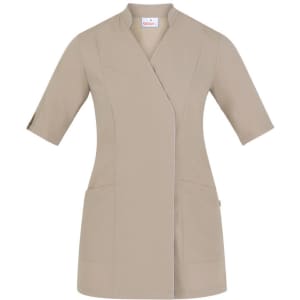 A beige tunic with a wrap design and short sleeves, featuring two front pockets and a branding logo.