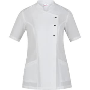 A white tunic with short sleeves, featuring a button closure and side pockets, suitable for uniforms.