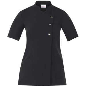A black tunic featuring short sleeves, a high collar, and three decorative buttons with pockets. It has a logo.