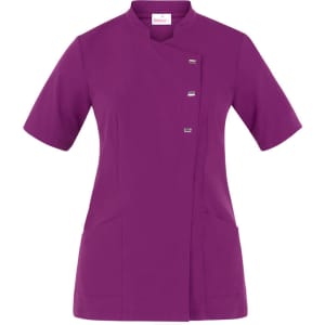 A purple tunic with short sleeves, featuring a stylish front closure and two pockets. It has a logo on the label.