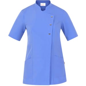A blue tunic with short sleeves and a stylish, angled front, featuring three buttons and two pockets.