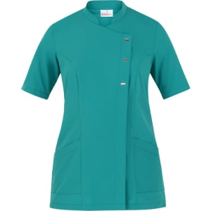 A teal tunic with a high collar, short sleeves, and three decorative buttons on the front. Features side pockets and branding.