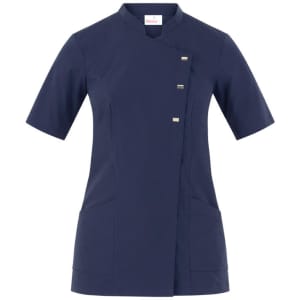 A navy tunic featuring short sleeves, a modern design, and decorative fasteners. It includes pockets and has a logo.