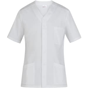 A white tunic with short sleeves and multiple pockets, featuring a logo on the label.