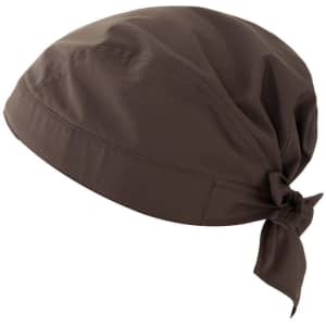 A brown bandana with a tied back design, featuring a smooth fabric and a simple logo.