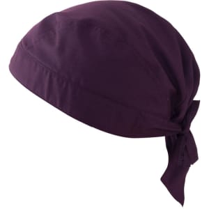 A purple bandana with a tied detail, designed for headwear. It features a simple, solid colour and has a branding logo.