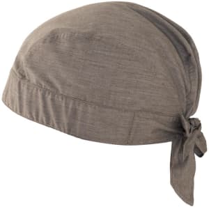 A grey bandana with a tied back design, featured as a headwear product. It includes a logo.