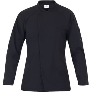 A black chef jacket featuring a sleek design and a logo on the sleeve.