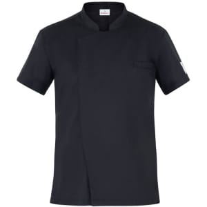 A black chef jacket with a mandarin collar and a single chest pocket, featuring a logo on the sleeve.