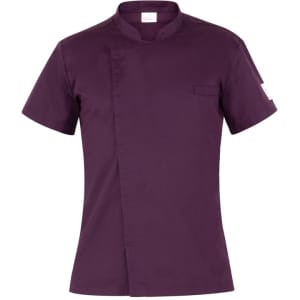 A purple chef jacket with a mandarin collar and short sleeves, featuring a single chest pocket and a logo.