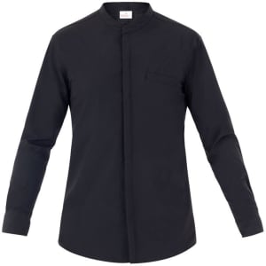 A black button-up shirt with a high collar and a single chest pocket, featuring long sleeves and a subtle logo.