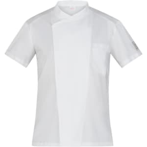 A white chef jacket featuring a crossover design and a pocket, with a logo on one sleeve.