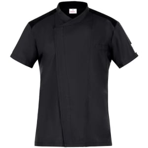 A black chef jacket featuring short sleeves, a wrap front design, and a pocket on the chest. It has a logo on the side.