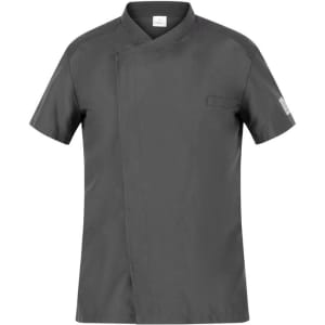 A grey chef jacket featuring a short-sleeve design and a chest pocket, with a logo on the sleeve.