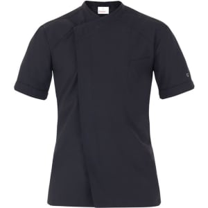 A black chef jacket with short sleeves, featuring a single pocket and a logo on the sleeve.