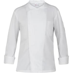 A white chef jacket featuring a double-breasted design and long sleeves, with a single pocket and branding label.