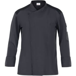 A chef jacket in black with a sleek design and a logo on the sleeve. Features long sleeves and a pocket.