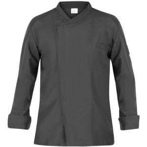 A chef jacket in dark grey with long sleeves and a stylish crossover design, featuring a logo on the sleeve.