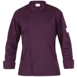 A purple chef jacket featuring long sleeves and a chest pocket, with a logo on the sleeve.