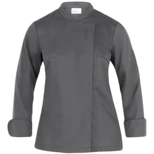 A grey chef's jacket with a mandarin collar and long sleeves featuring rolled cuffs and a logo on the sleeve.