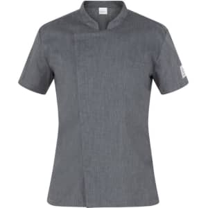 A grey chef jacket featuring a mandarin collar and short sleeves, with a pocket and a logo on one sleeve.