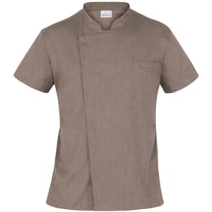 A brown chef jacket with a short sleeve design and a single breast pocket. It features a logo on the neck label.