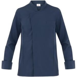 A navy blue chef's jacket featuring a mandarin collar and a single pocket on the front.
