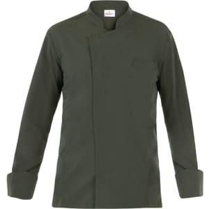 A dark green chef's jacket with a mandarin collar and long sleeves, featuring a small pocket.