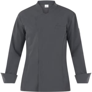 A grey chef's jacket with long sleeves and a stylish design, featuring a chest pocket and a logo.