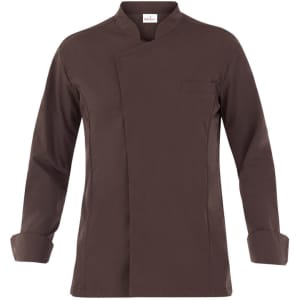 A brown chef's jacket featuring a modern design and a single chest pocket, with a branding logo.
