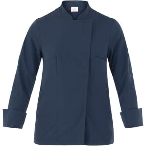 A navy blue jacket with a mandarin collar and long sleeves, featuring a front closure and two side pockets.