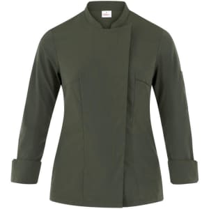 A stylish olive green jacket with a high collar and long sleeves, featuring a small logo.