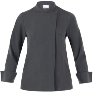 A grey jacket with a high collar and long sleeves, featuring a logo on the upper section.