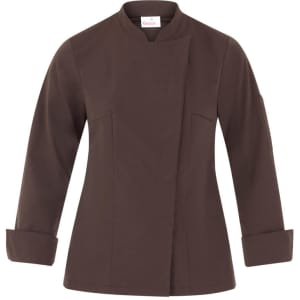 A brown jacket featuring a mandarin collar and long sleeves, with a logo on the upper section.