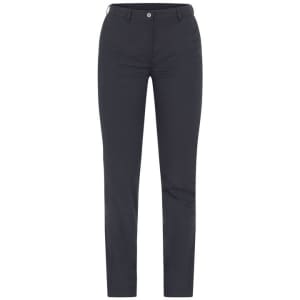 Dark grey trousers with a slim fit design, featuring a waistband and front pockets, and a logo on the back.