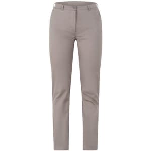 Light grey slacks with a fitted design and a waistband, featuring a button and zipper closure; includes a logo.