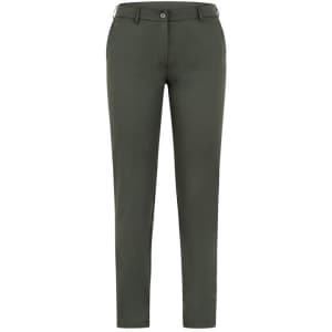Brenda Trousers in a dark green colour, featuring a fitted design and front pockets. Includes a branding logo.
